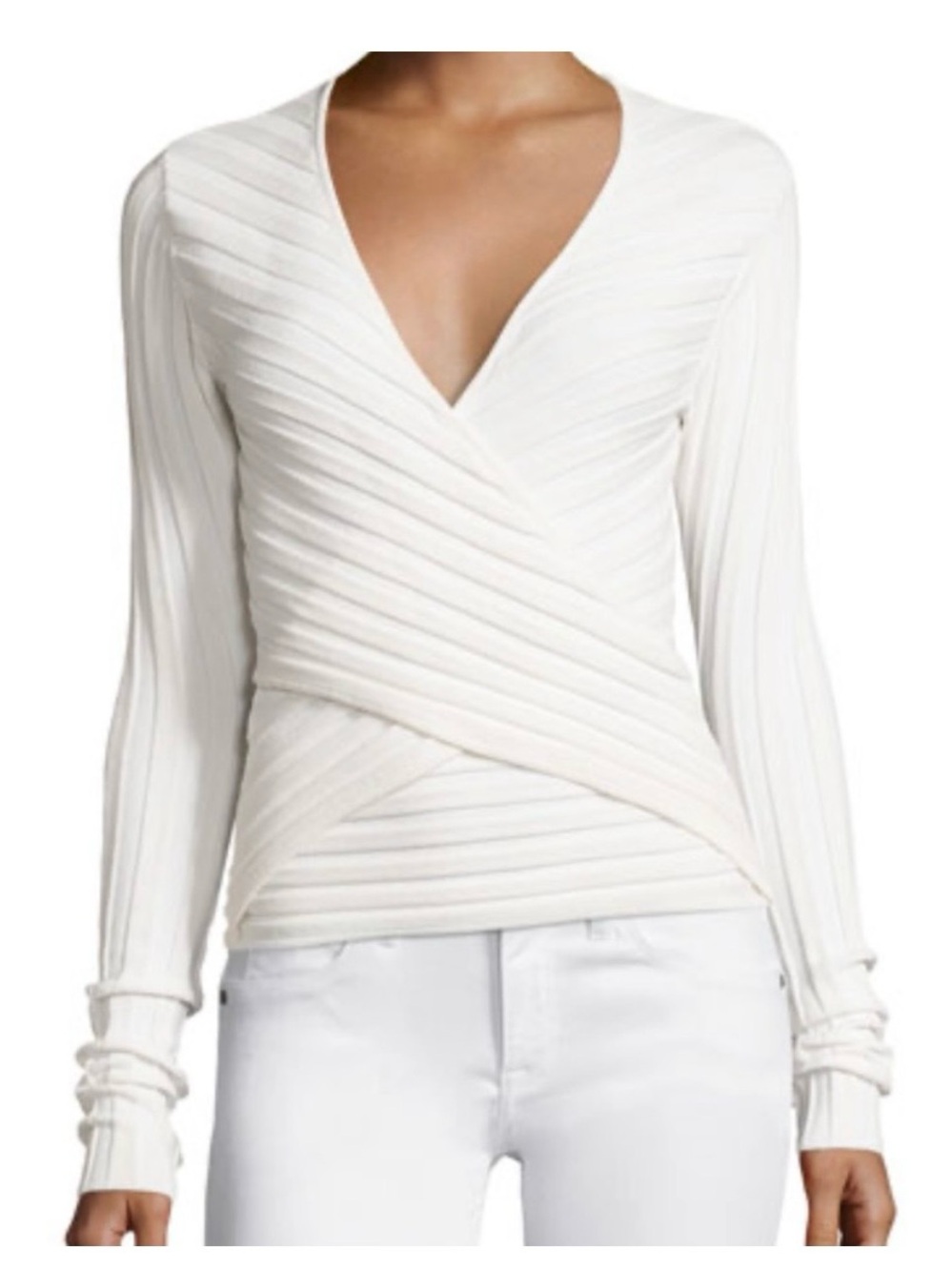Cinq A Sept Titania Open-Back White Ribbed Knit Top Shirt Wrap Sweater Large